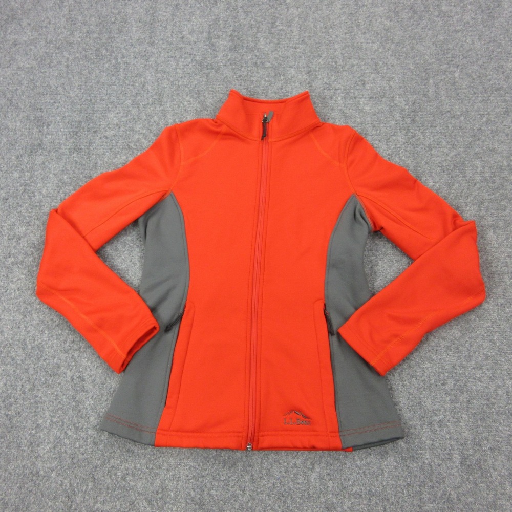 LL Bean Jacket Womens Small Orange Gray Softshell Full Zip Thumbholes